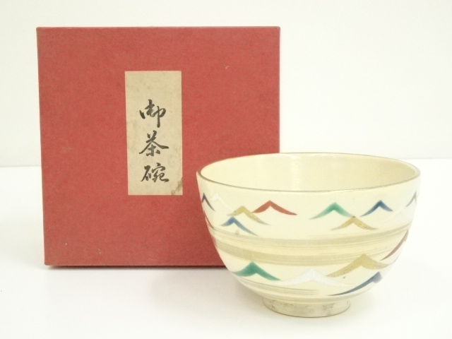 JAPANESE TEA CEREMONY / KYO WARE TEA BOWL CHAWAN / IROE / WAVE / ARTISAN WORK